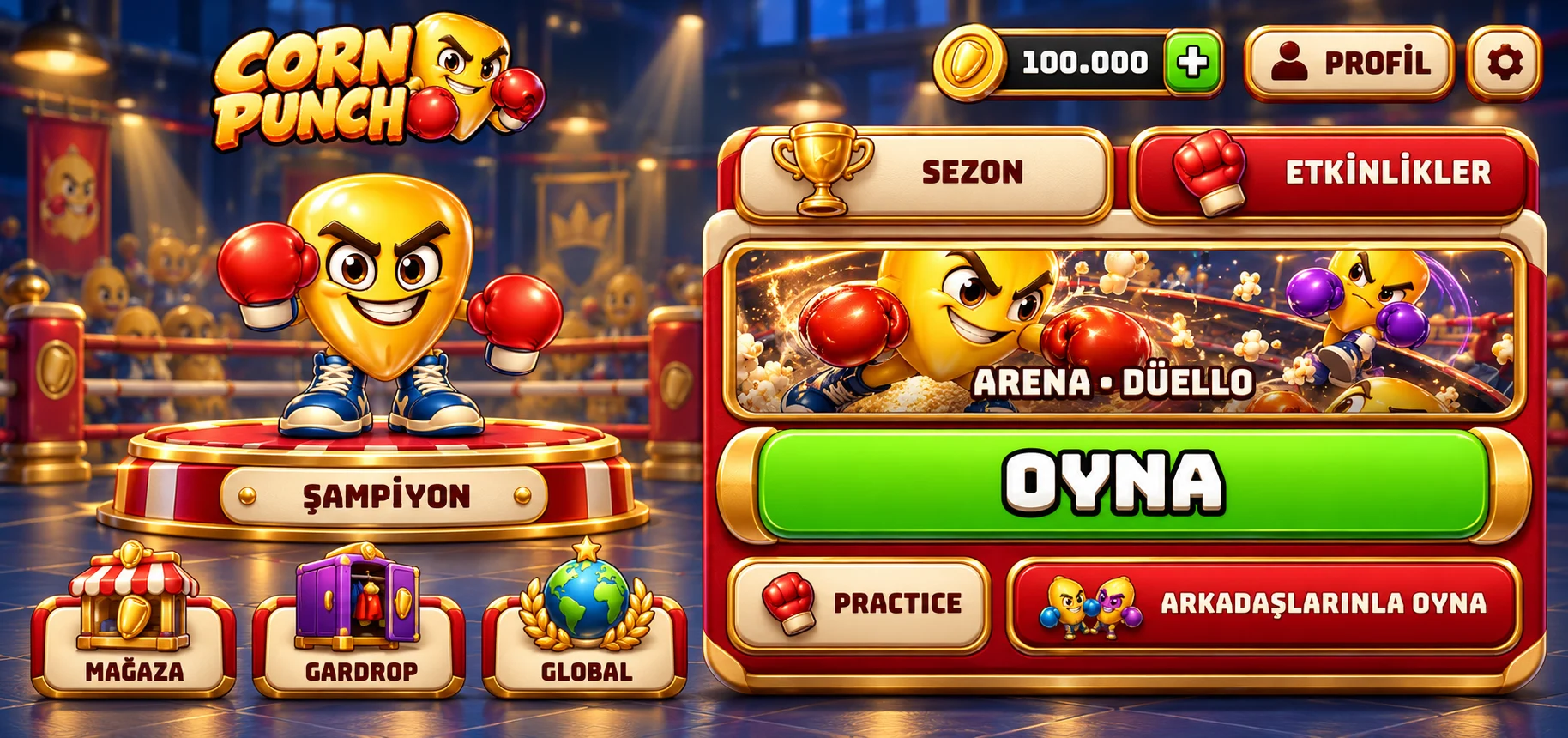 Corn Punch kırmızı, krem ve altın ana ekran tasarımı